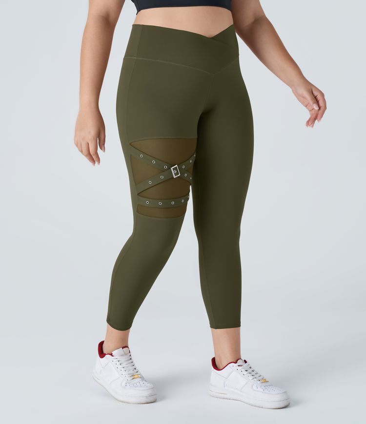 DayStretch High Waisted Crossover Contrast Mesh Decorative Buckle Yoga Plus Size Leggings