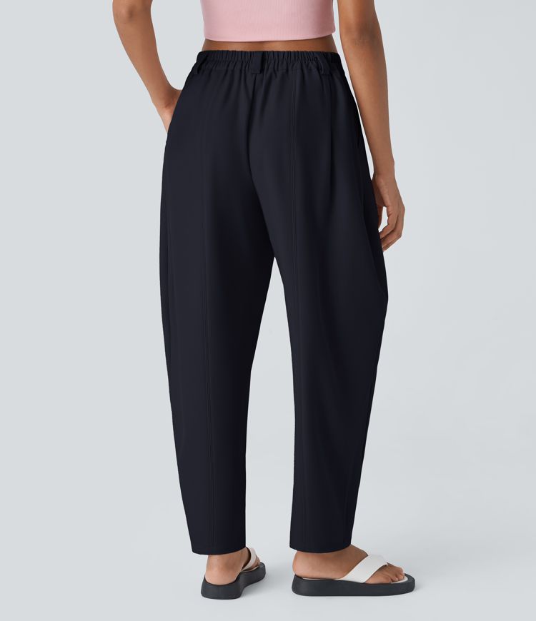 Mid Rise Plicated Side Pocket Barrel Leg Work Pants
