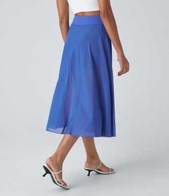 High Waisted Drawstring Contrast Mesh 2-in-1 Pocket Flowy Midi Flare Casual Skirt