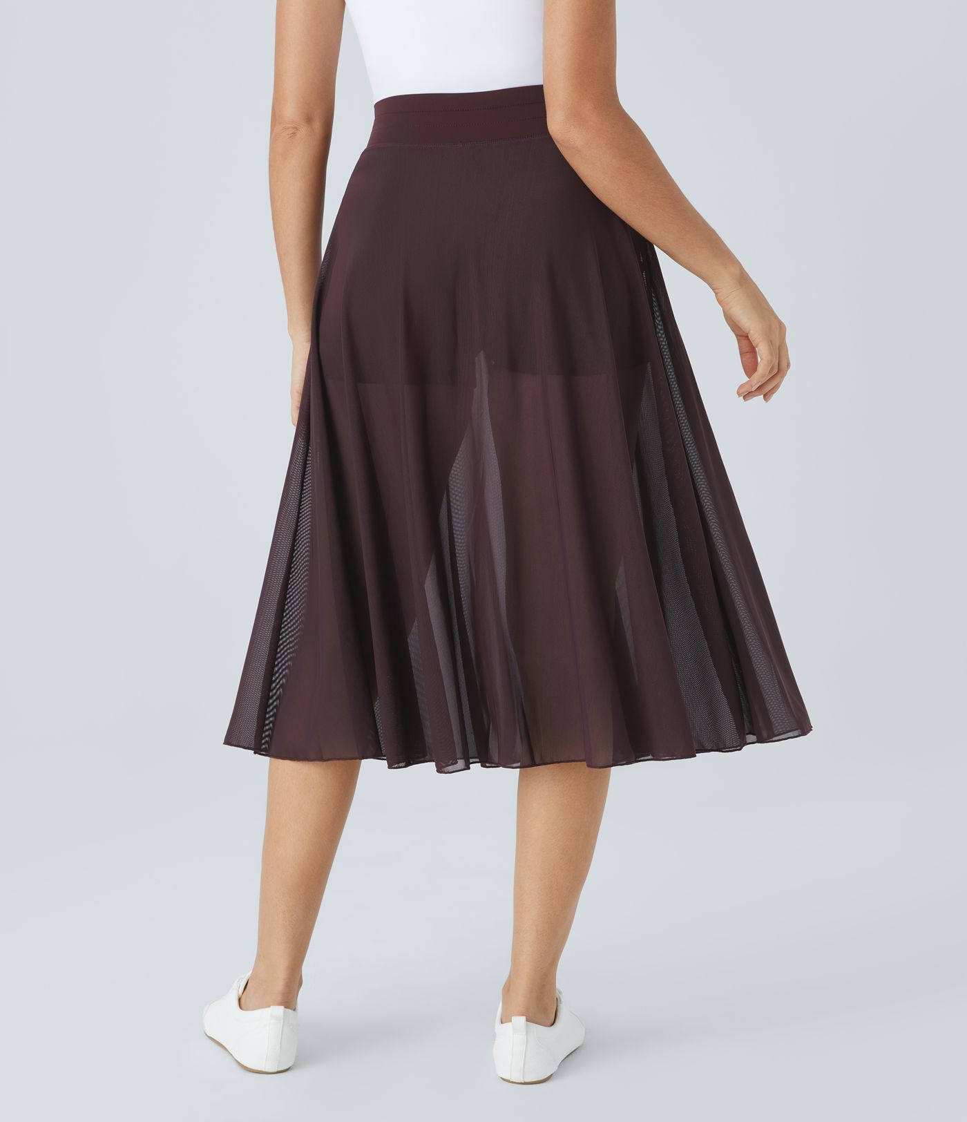 High Waisted Drawstring Contrast Mesh 2-in-1 Pocket Flowy Midi Flare Casual Skirt