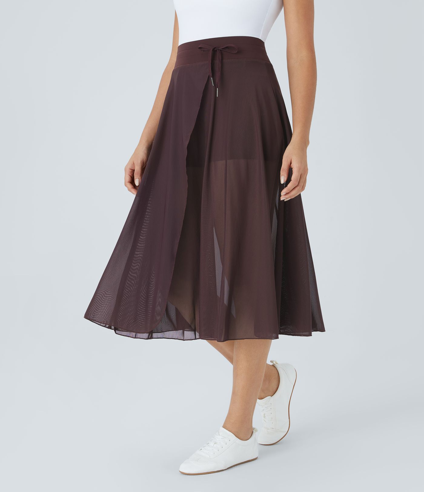 High Waisted Drawstring Contrast Mesh 2-in-1 Pocket Flowy Midi Flare Casual Skirt
