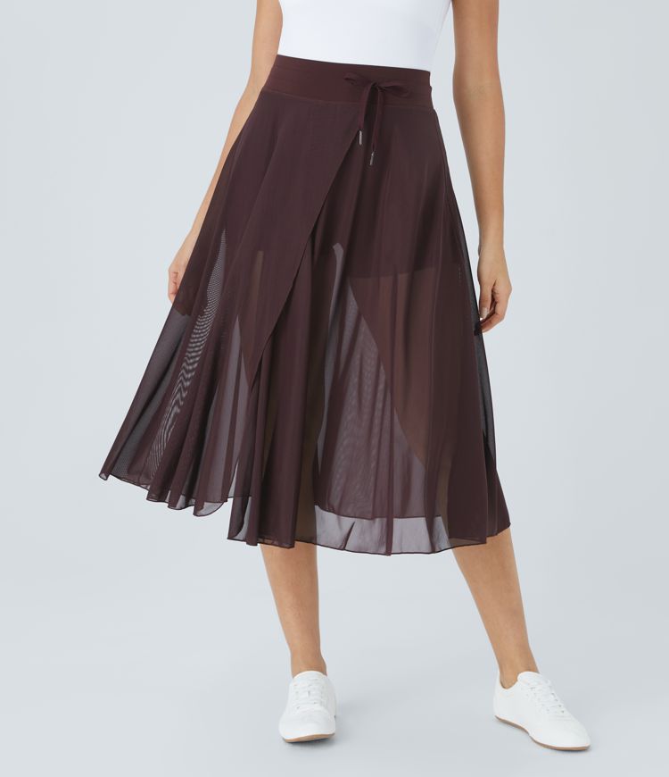 High Waisted Drawstring Contrast Mesh 2-in-1 Pocket Flowy Midi Flare Casual Skirt