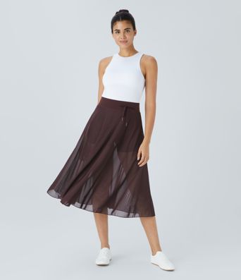 High Waisted Drawstring Contrast Mesh 2-in-1 Pocket Flowy Midi Flare Casual Skirt