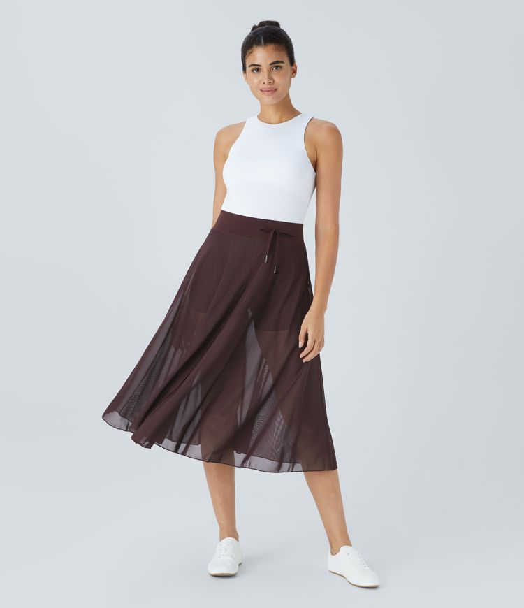 High Waisted Drawstring Contrast Mesh 2-in-1 Pocket Flowy Midi Flare Casual Skirt