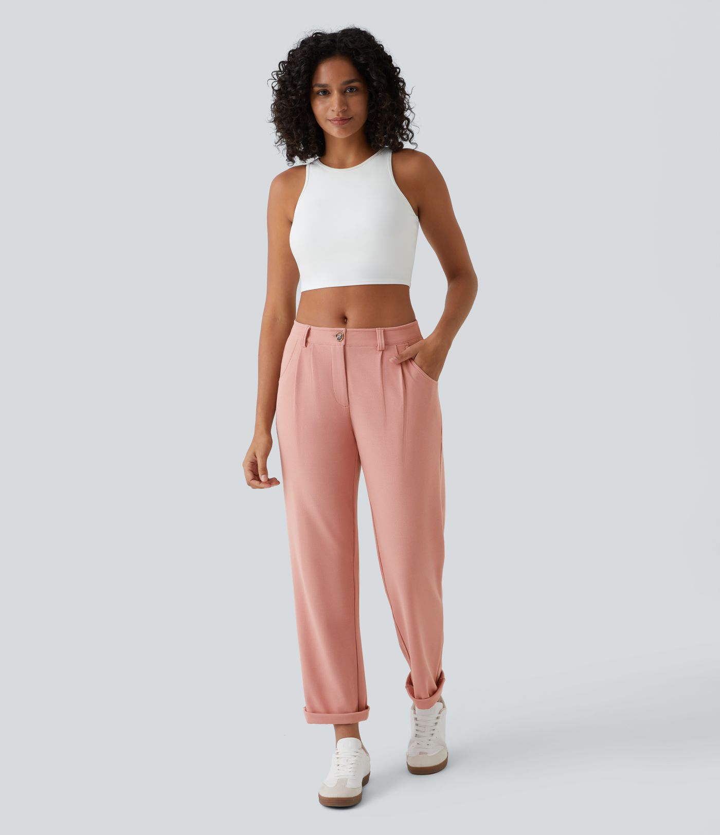 Pantalones gofre bolsillo lateral cremallera botón tiro medio