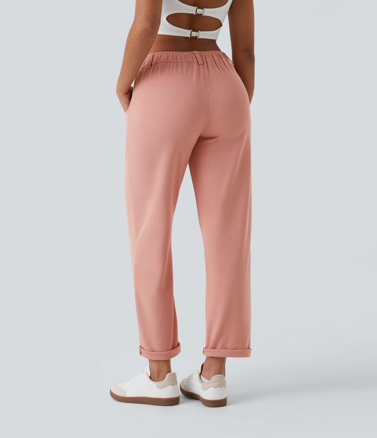 Mid Rise Button Zipper Side Pocket Waffle Casual Pants