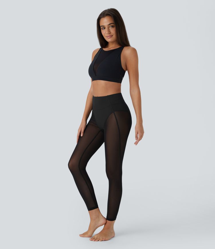 High Waisted 2-in-1 7/8 Sheer Mesh Dance Leggings