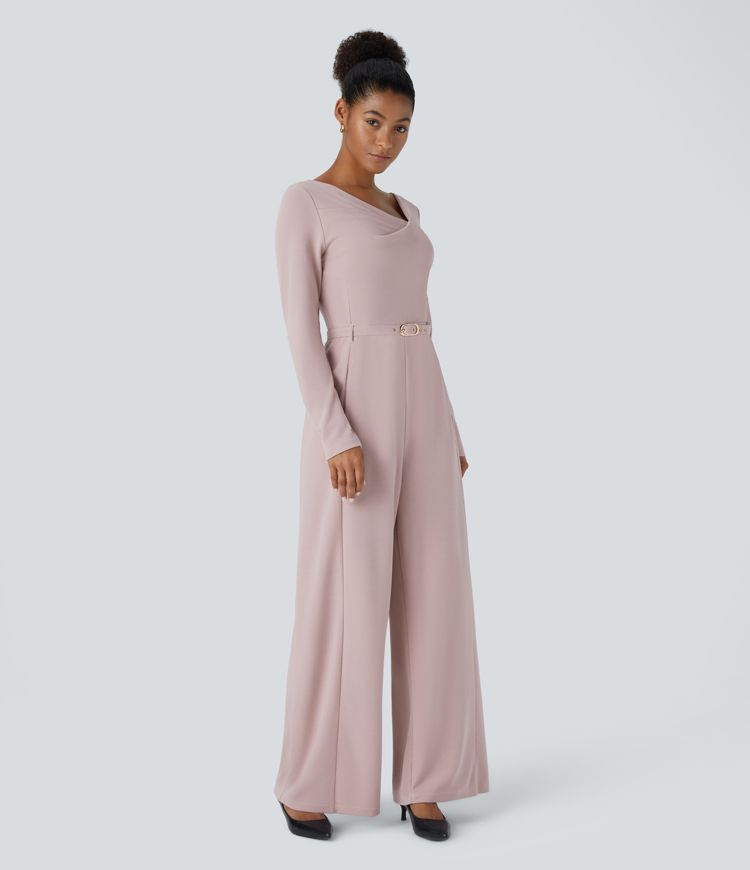 Asymmetric V Neck Long Sleeve Belted Pocket Wide Leg Work Jumpsuit
