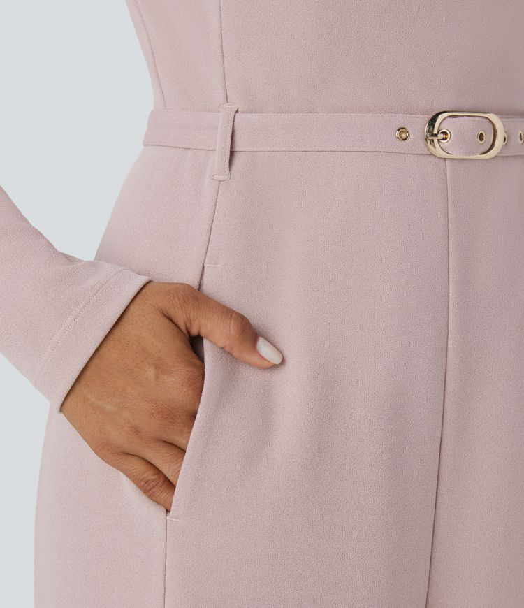 Asymmetric V Neck Long Sleeve Belted Pocket Wide Leg Work Jumpsuit