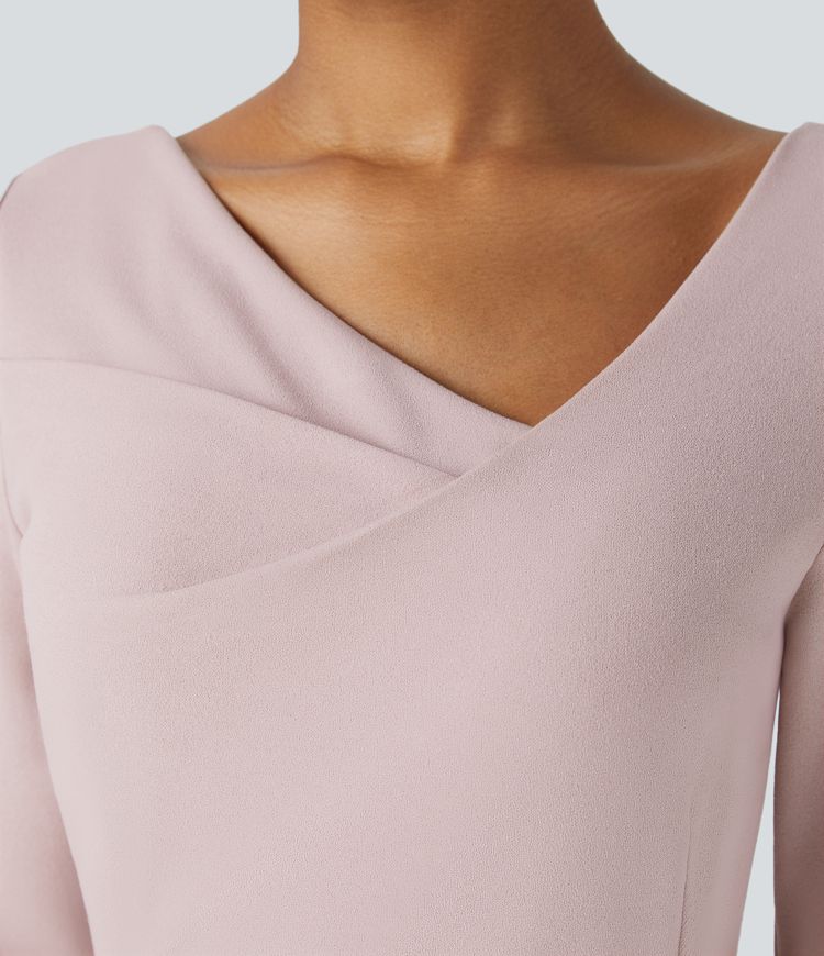 Asymmetric V Neck Long Sleeve Belted Pocket Wide Leg Work Jumpsuit