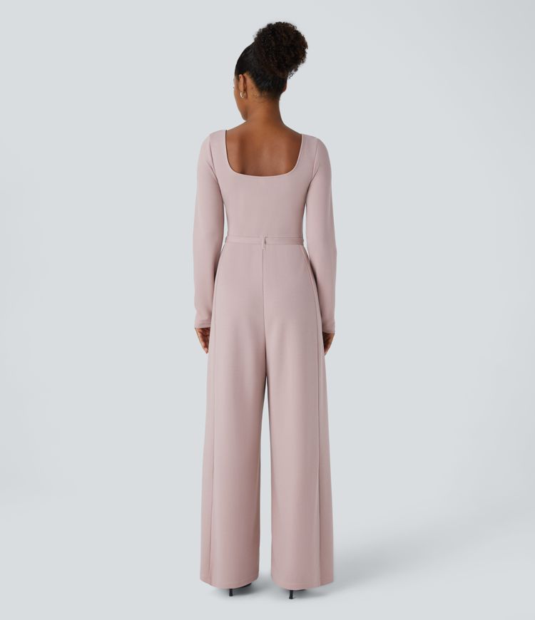 Asymmetric V Neck Long Sleeve Belted Pocket Wide Leg Work Jumpsuit