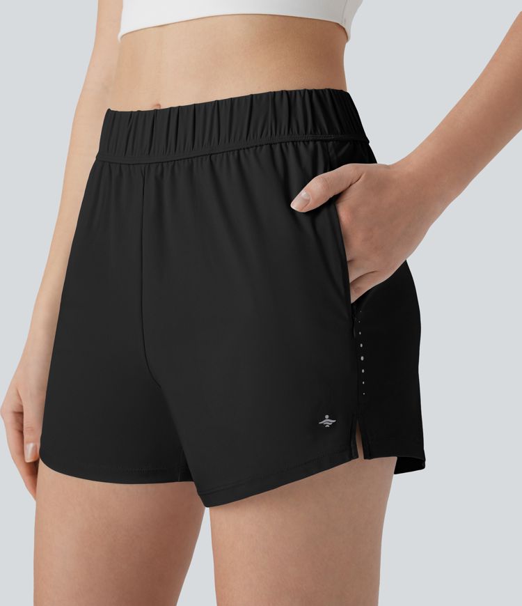 Mid Rise Side Zipper Pockets Reflective Dots Hem Cool Touch Quick Dry Running Shorts