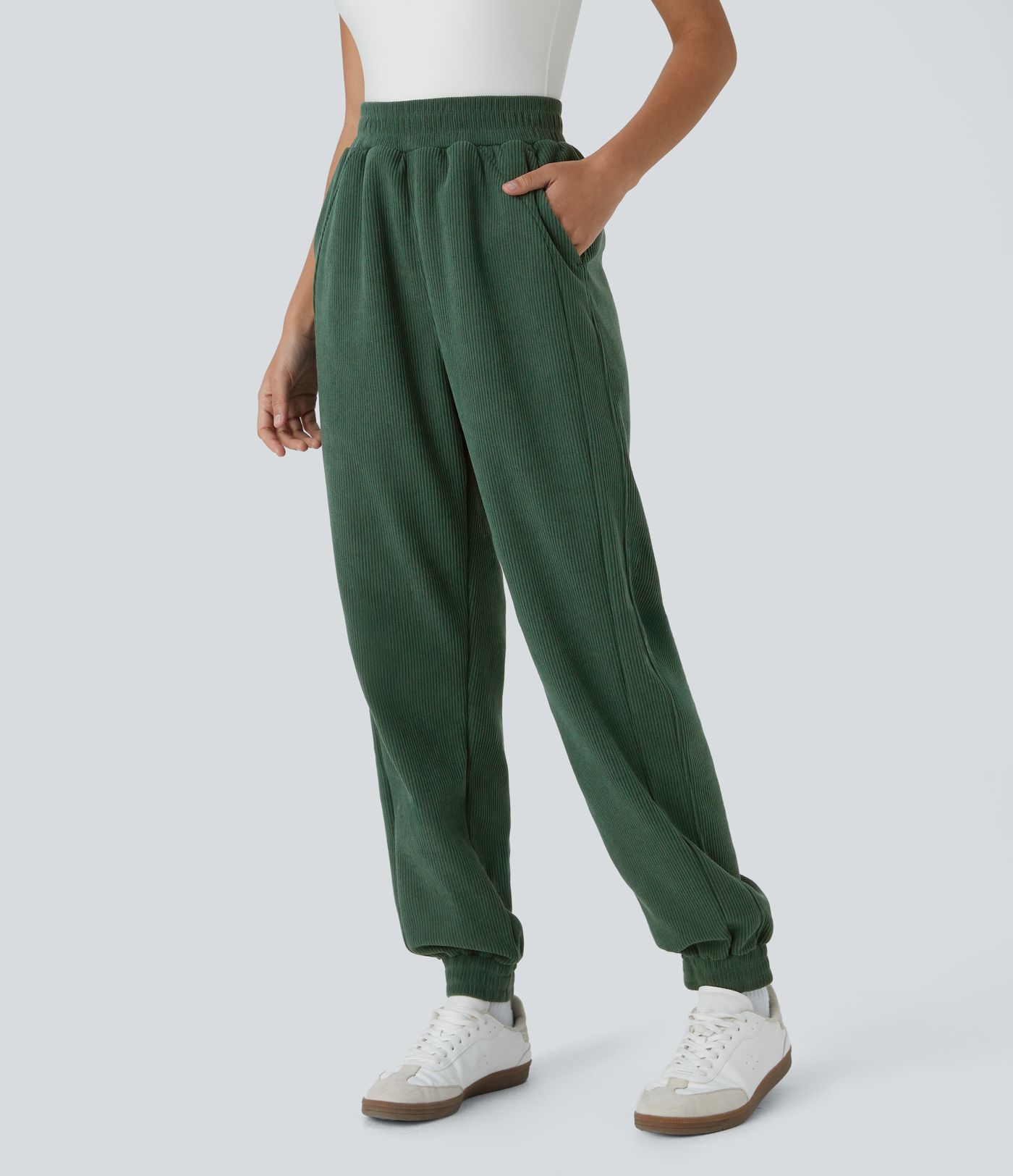 Pantalon de jogging décontracté en velours côtelé à taille haute avec poches latérales
