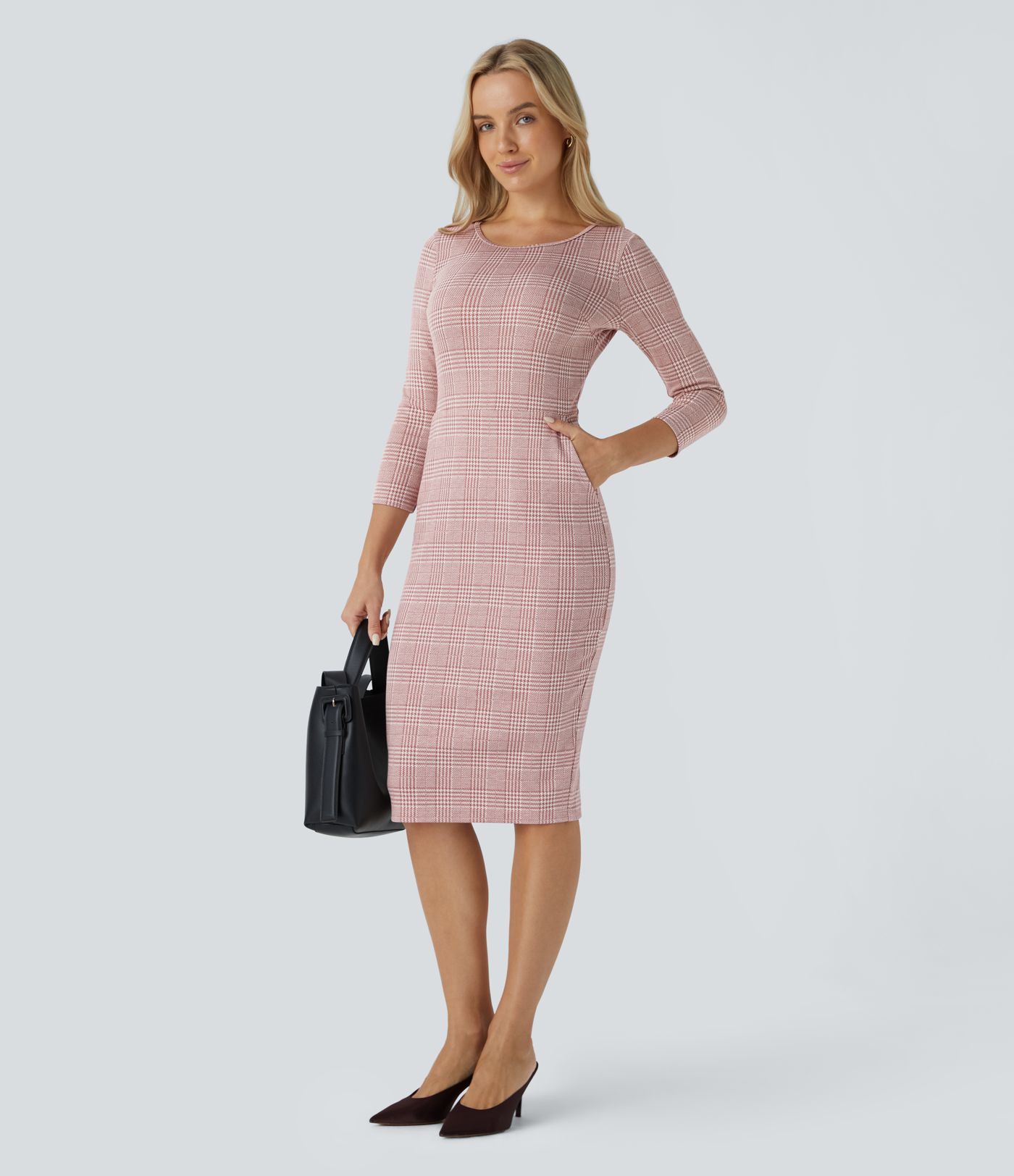Boat Neck 3/4 Sleeve Pocket Houndstooth Plaid Midi Work Pencil Dress