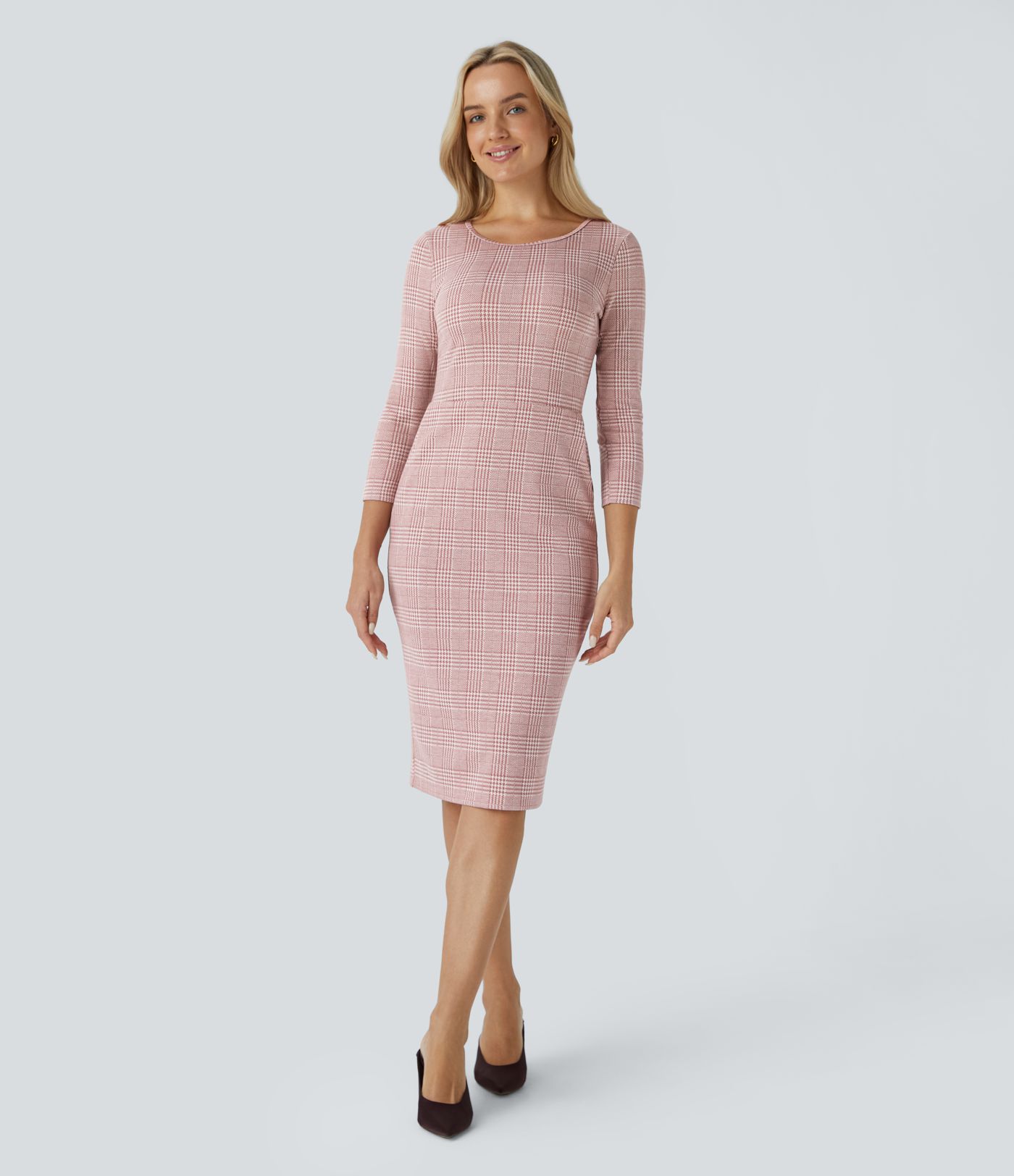 Boat Neck 3/4 Sleeve Pocket Houndstooth Plaid Midi Work Pencil Dress