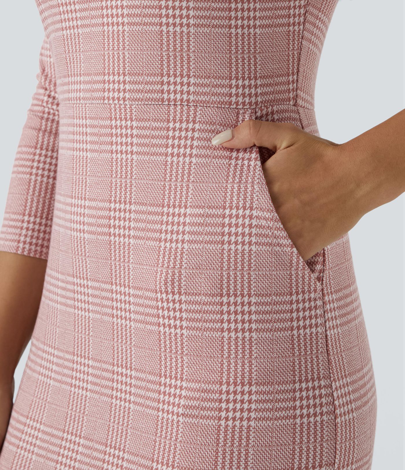 Boat Neck 3/4 Sleeve Pocket Houndstooth Plaid Midi Work Pencil Dress
