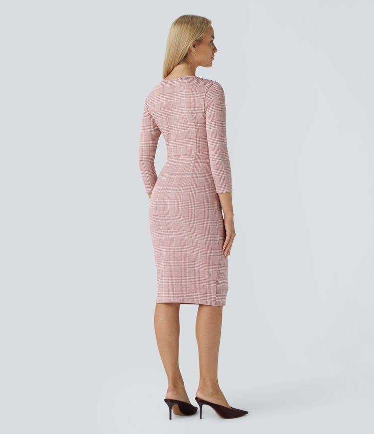 Boat Neck 3/4 Sleeve Pocket Houndstooth Plaid Midi Work Pencil Dress
