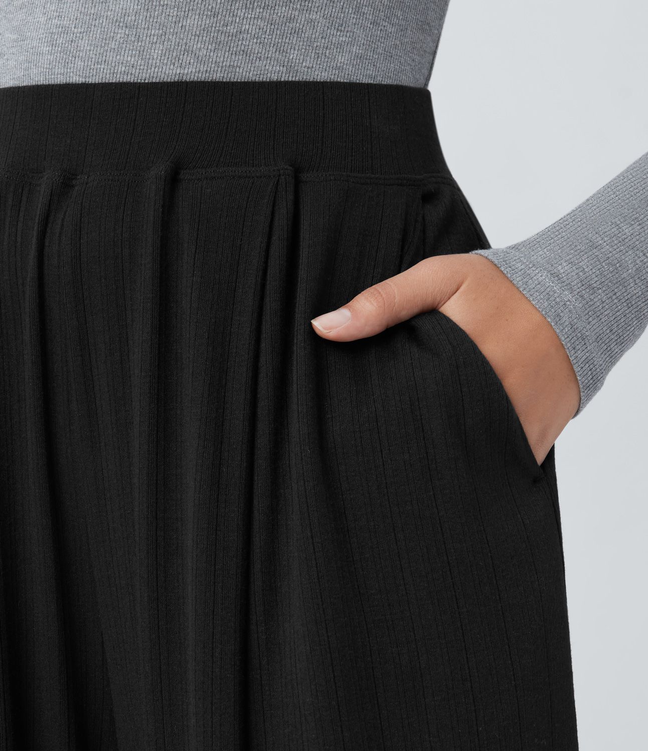 Ribbed Knit High Waist Pleated Side Pocket Casual Jogger Pants