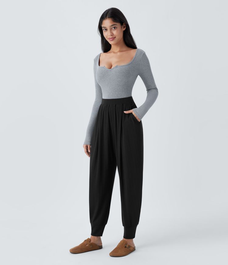 Ribbed Knit High Waist Pleated Side Pocket Casual Jogger Pants