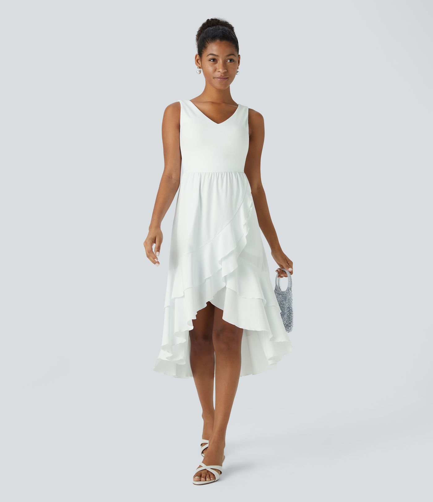 Breezeful™ Vestido midi dama de honor invitada boda fluido cuello V sin espalda abertura bolsillo lateral volante plisado secado rápido