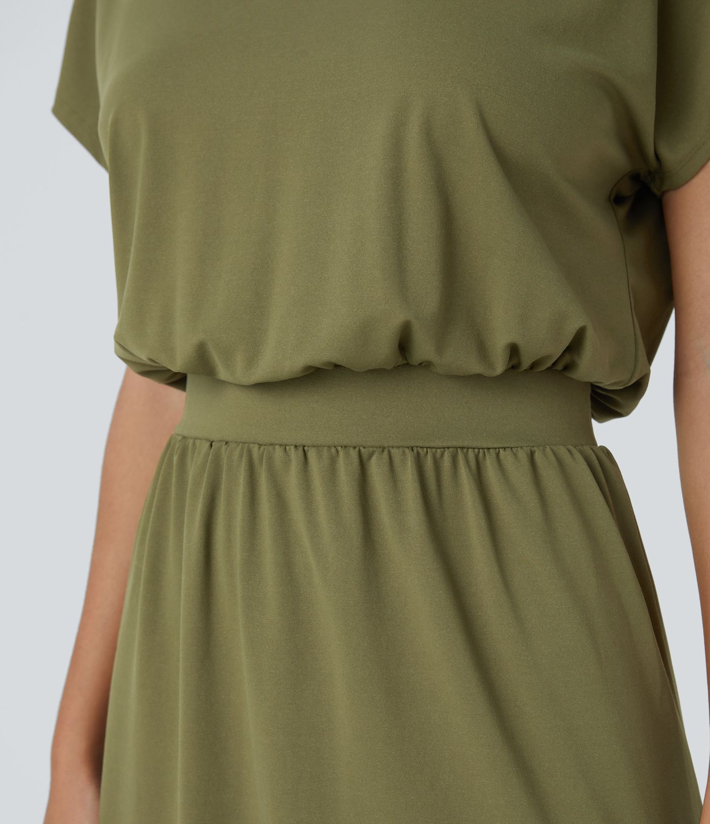 보트넥 반팔 백리스 교차 커브 밑단 미디 캐주얼 원피스