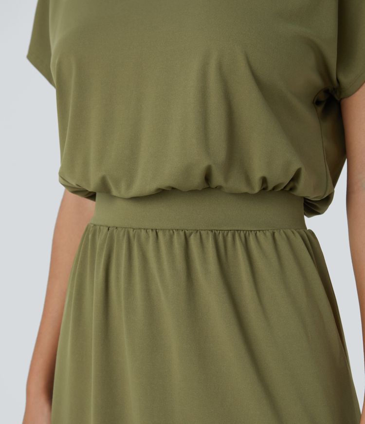 Boat Neck Short Sleeve Curved Hem Midi Casual Dress