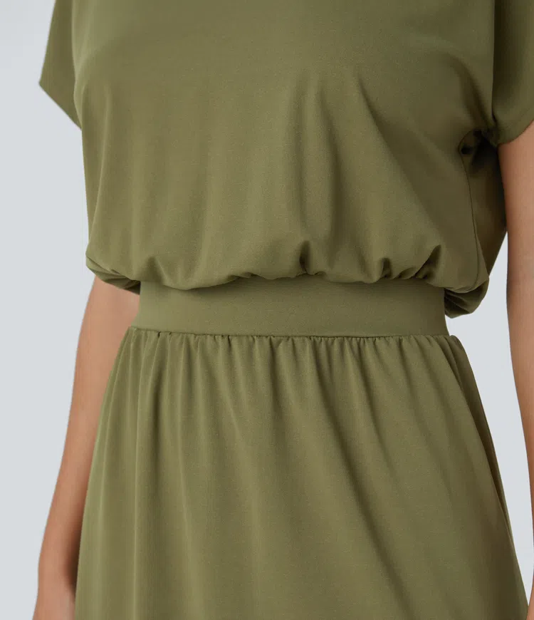 Boatneck short sleeve backless cross curve hem midi casual dress