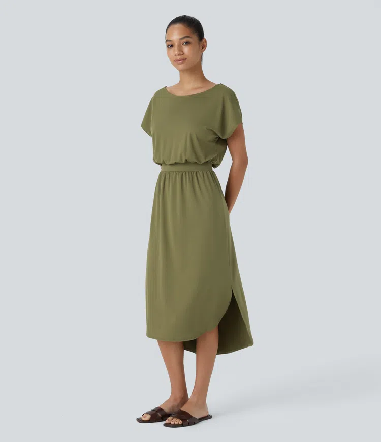 Boatneck short sleeve backless cross curve hem midi casual dress