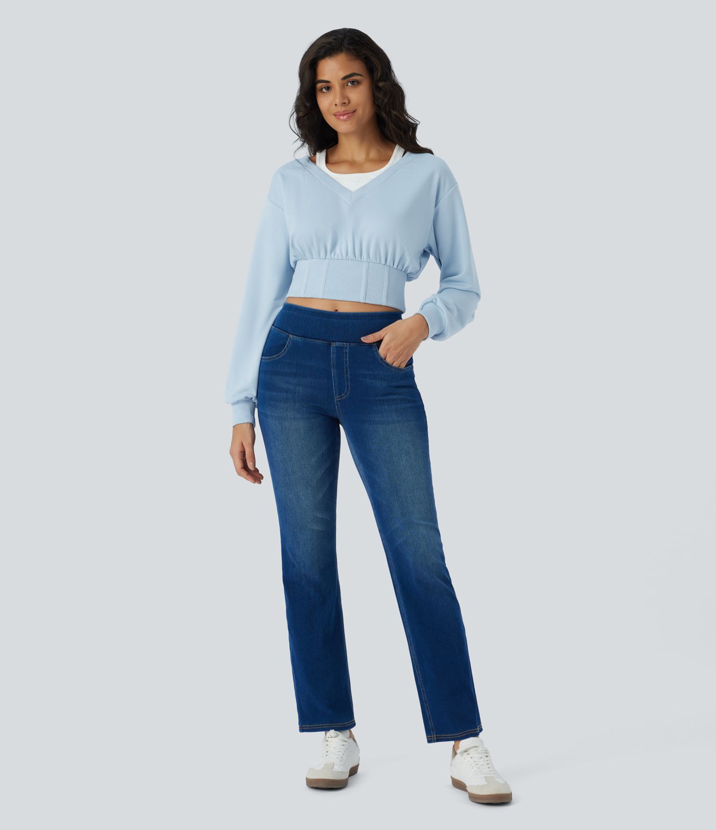 Sudadera corta corsé manga larga bloque color