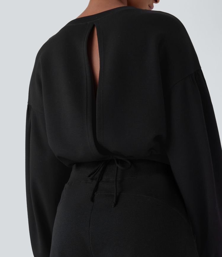 Backless Drawstring Tie Back Bishop Sleeve Cropped Casual Sweatshirt
