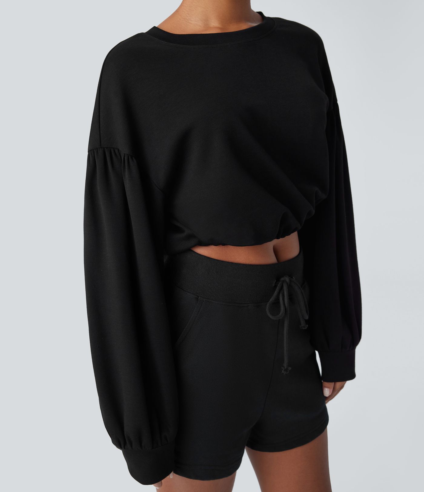 Backless Drawstring Tie Back Bishop Sleeve Cropped Casual Sweatshirt
