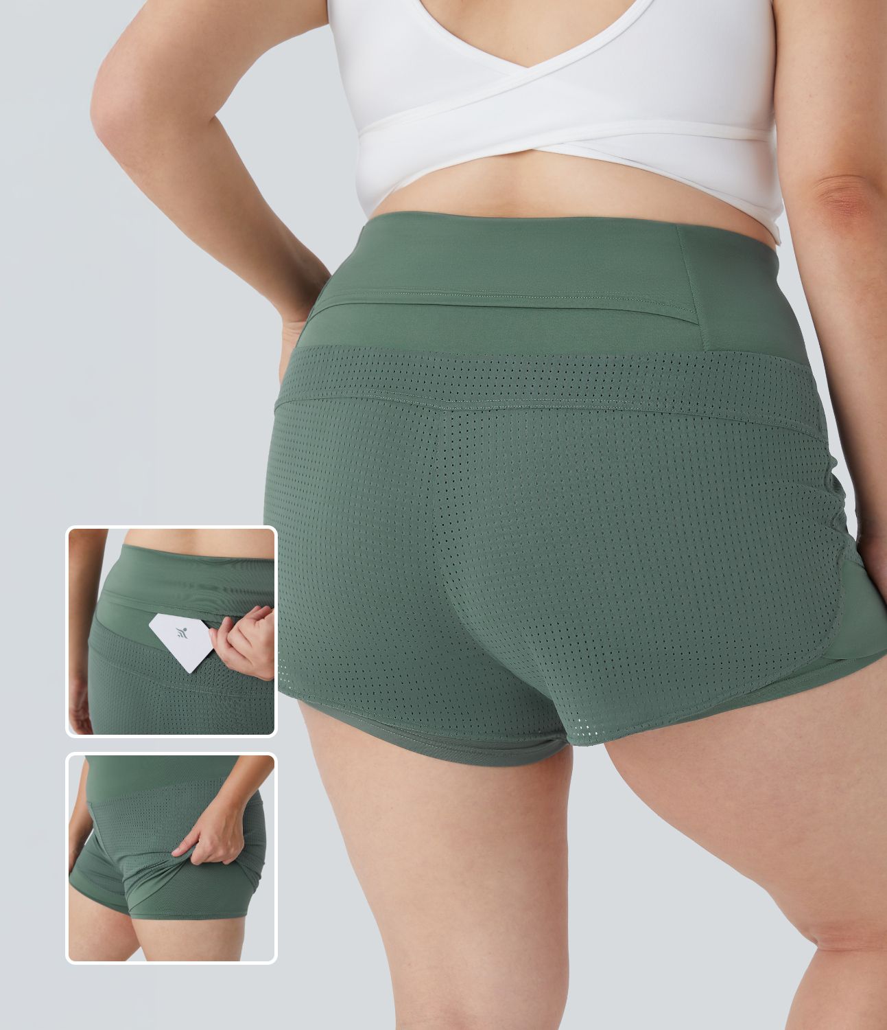 Pantalones cortos de yoga 2 en 1 con cintura alta y bolsillo trasero en la cintura de talla grande