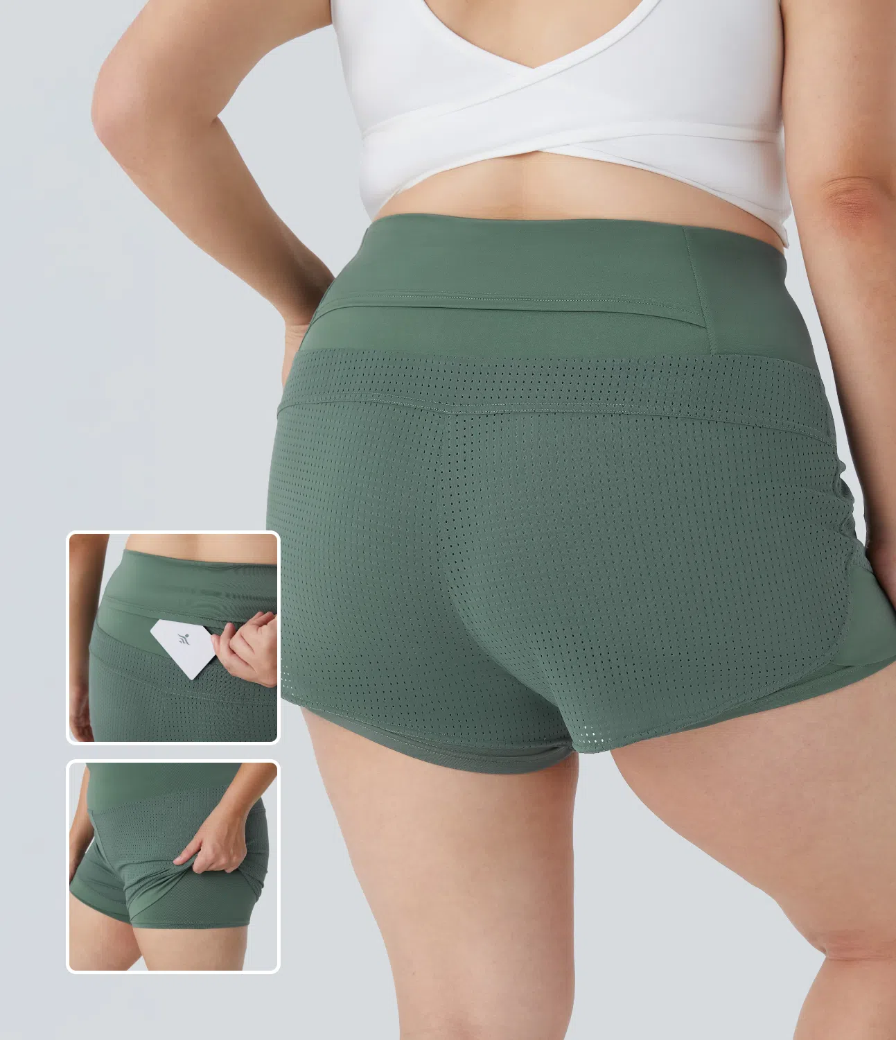 Pantalones cortos de yoga 2 en 1 con cintura alta y bolsillo trasero en la cintura de talla grande