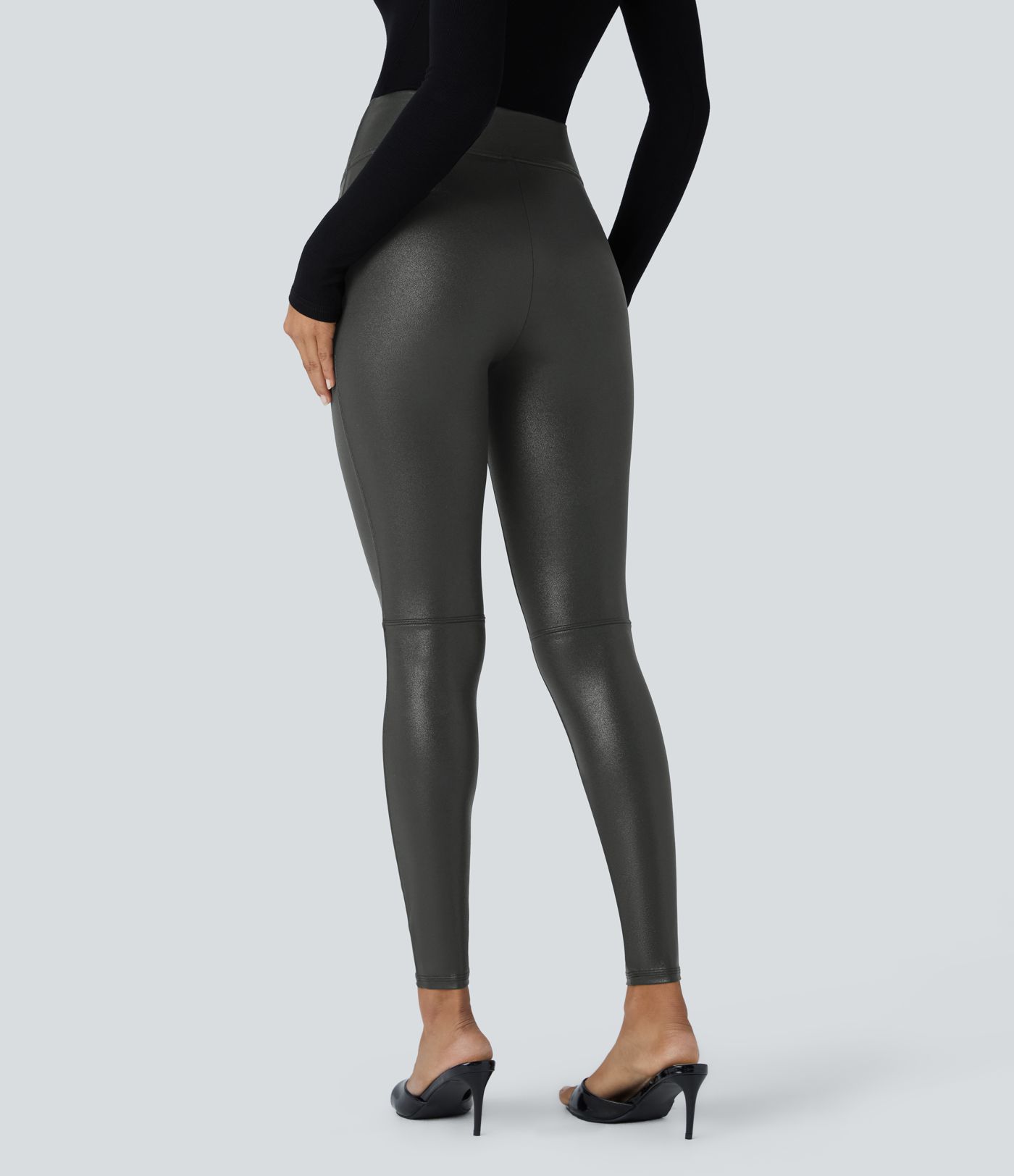 Legginsy SoCinched Wysoko Taliowane Modelujące z Kontrolą Brzucha, Nadruk w Stylu Skóry Ekologicznej z Folią, Elastyczne