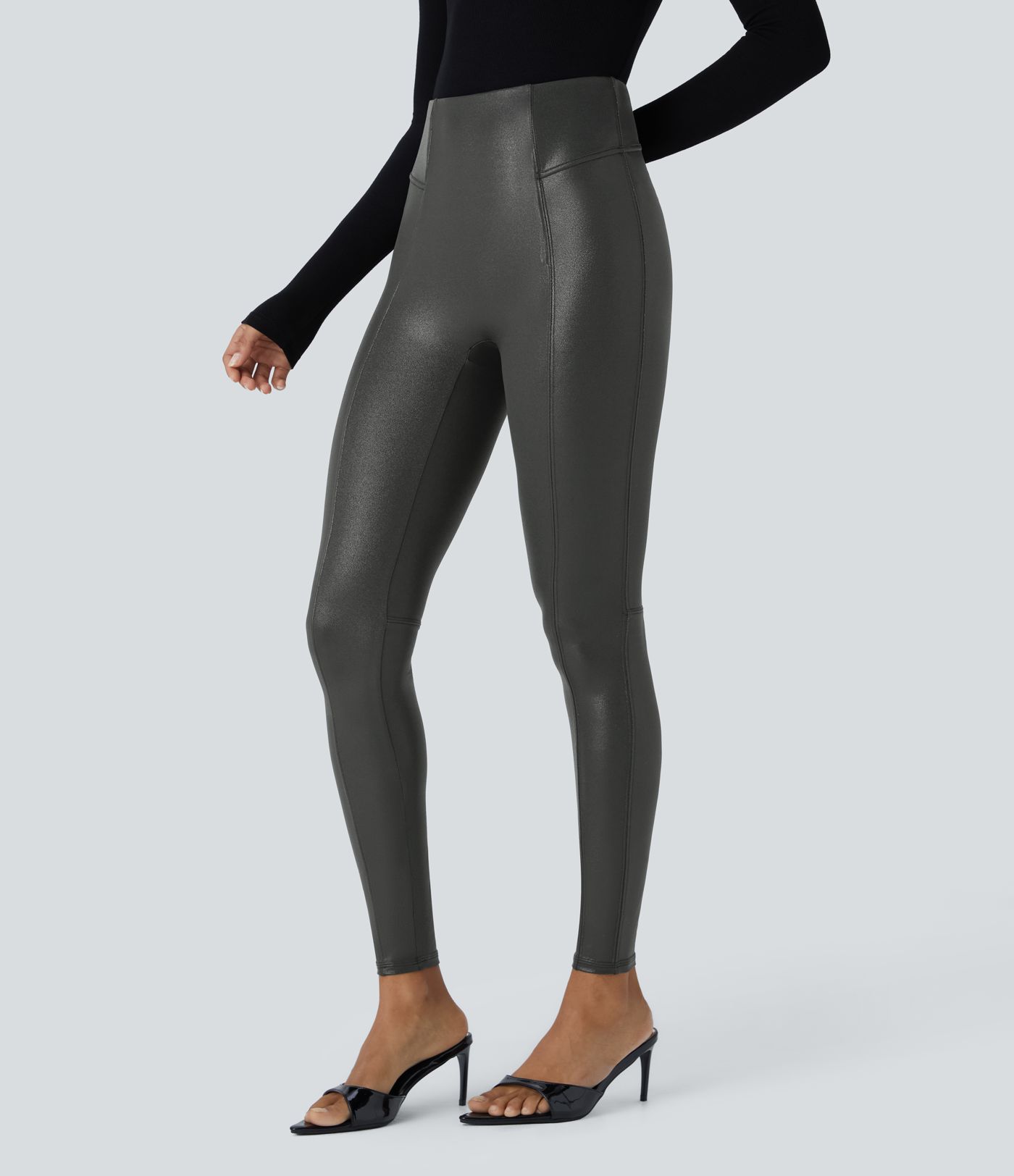 Leggings fiesta elástico estampado metalizado tiro alto cuero sintético control abdomen SoCinched