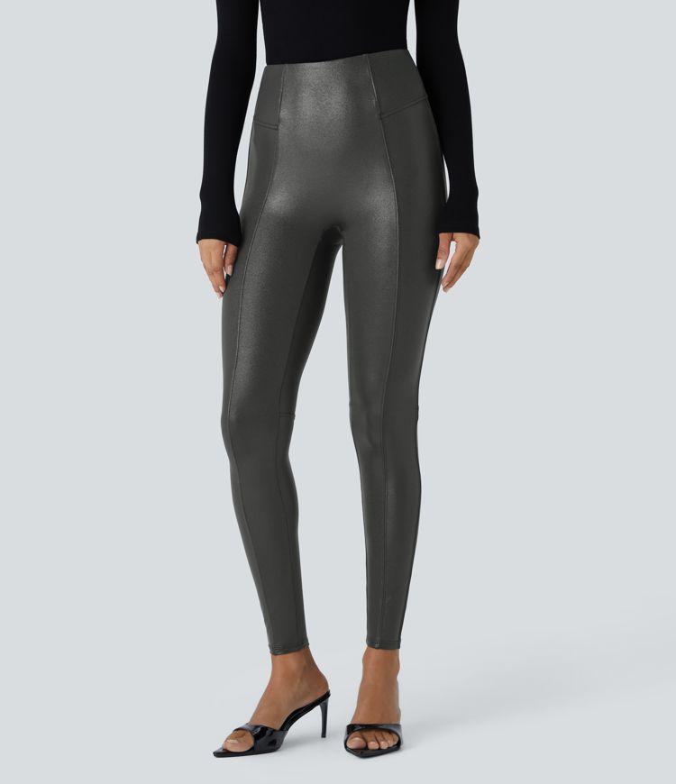 High Waisted Tummy Control Faux Leather Foil Print Stretchy Leggings