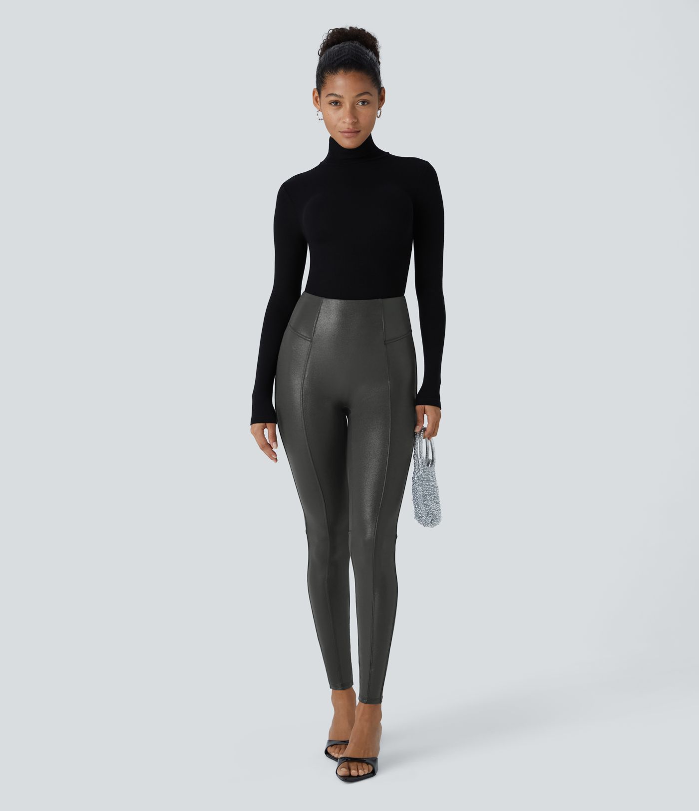 Legginsy SoCinched Wysoko Taliowane Modelujące z Kontrolą Brzucha, Nadruk w Stylu Skóry Ekologicznej z Folią, Elastyczne