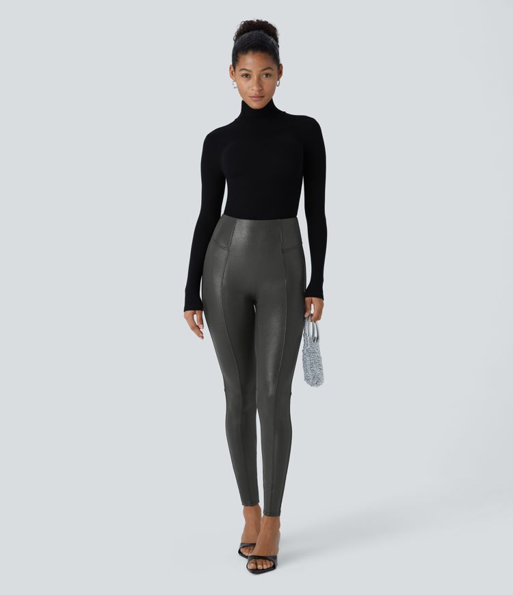 High Waisted Tummy Control Faux Leather Foil Print Stretchy Leggings