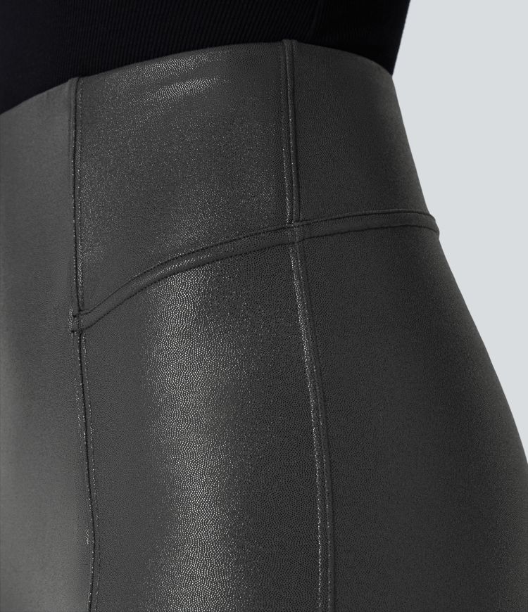 High Waisted Tummy Control Faux Leather Foil Print Stretchy Leggings