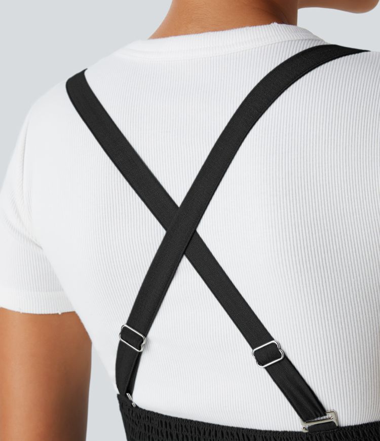 調節可能なストラップ、シャーリング入り、隠しジッパー、サイドポケット、カジュアルなリネン風ジャンプスーツ