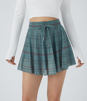 Minifalda de baile fluida 2 en 1 de tiro alto con cordón y malla en contraste a cuadros y con bolsillo