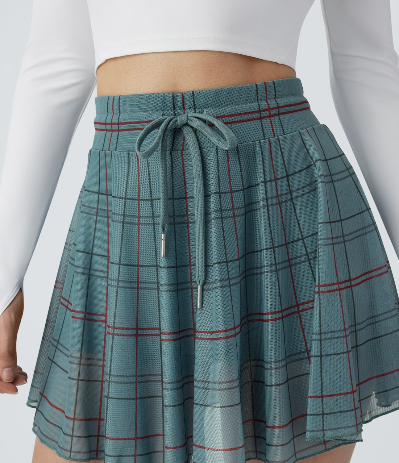Minifalda de baile fluida 2 en 1 de tiro alto con cordón y malla en contraste a cuadros y con bolsillo