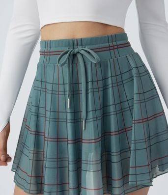 Minifalda de baile fluida 2 en 1 de tiro alto con cordón y malla en contraste a cuadros y con bolsillo