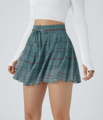 High Waisted Drawstring 2-in-1 Plaid Contrast Mesh Flowy Flare Mini Dance Skirt with Pocket