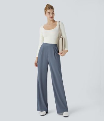 Pantalon de travail Halara Flex™ taille haute sculptant la silhouette, avec poches, jambes larges et texture micro gaufrée