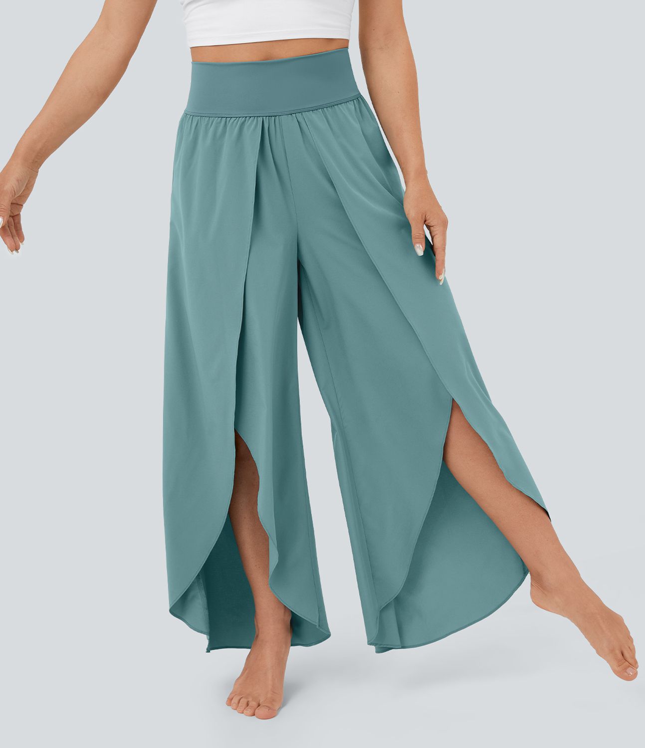 Breezeful™ High Waisted Back Waistband Pocket Palazzo Flowy Split Wide Leg Quick Dry Casual Pants