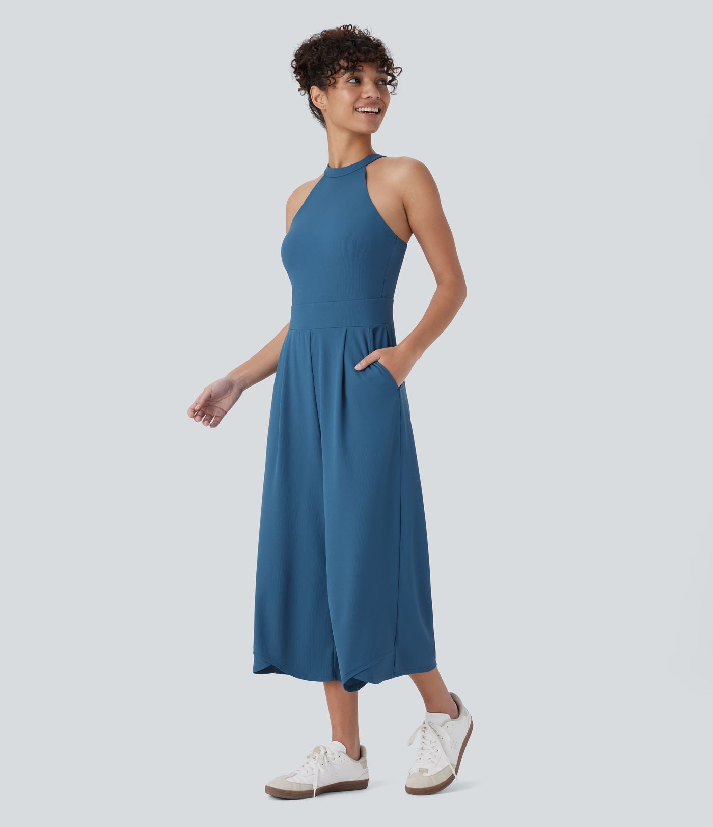 Sleeveless Pockets Crossover Hem Capri Wide Leg Waffle Knit Casual Jumpsuit