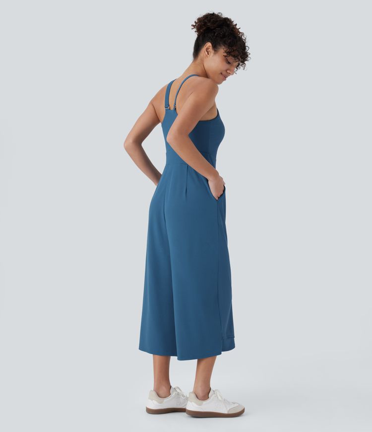 Sleeveless Pockets Crossover Hem Capri Wide Leg Waffle Knit Casual Jumpsuit