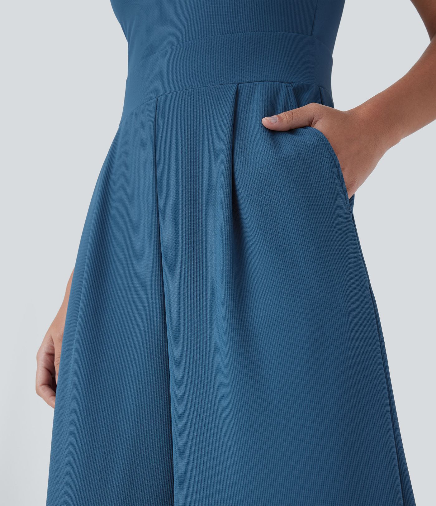 Sleeveless Pockets Crossover Hem Capri Wide Leg Waffle Knit Casual Jumpsuit