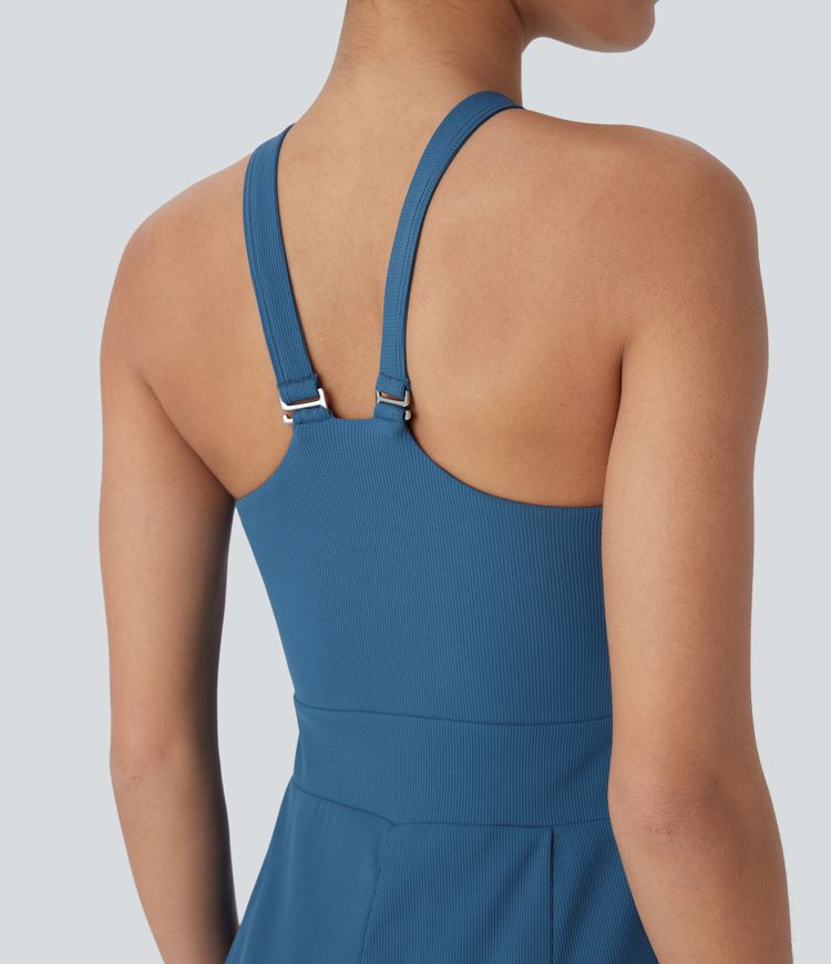 Sleeveless Pockets Crossover Hem Capri Wide Leg Waffle Knit Casual Jumpsuit